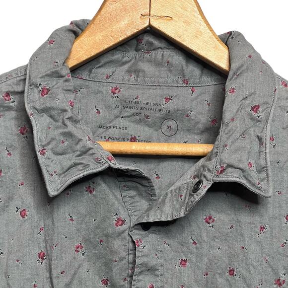 AllSaints Mens Size XL Amhurst Gray Floral Snap Front Shirt Collared Cottage - Picture 4 of 10